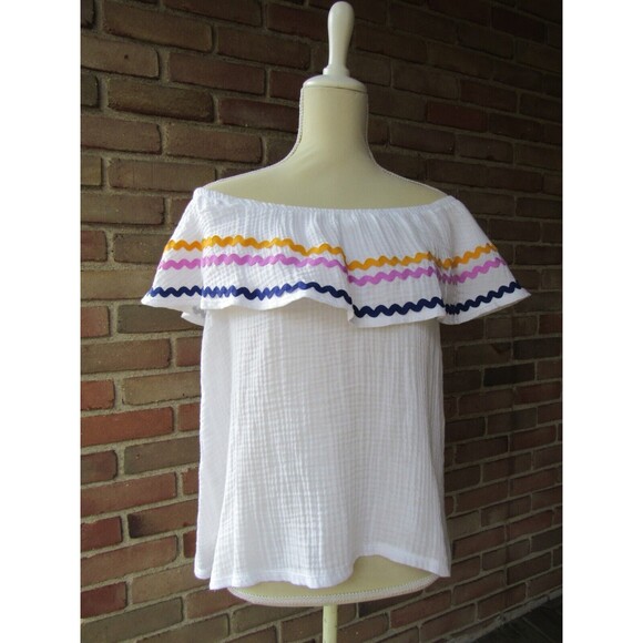 Gibson x Hi Sugarplum! Santa Fe Rickrack Off the Shoulder Top Womens L White - Picture 13 of 16
